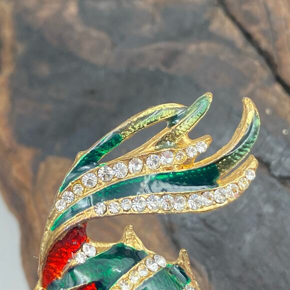 Tropical Fish Brooch Red and Green Enamel with clear Rhinestones Fish Brooch - Picture 9 of 9